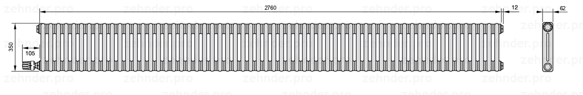 Схема (чертеж) Радиатор Zehnder Charleston 2035/60 №V003 Белый глянцевый RAL 9016